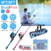 Kids Fishing Pole Set Fishing Starter Kit Telescopic Fishing Rod And Reel Combo Kit With Tackle Box 56Pcs Fishing Lures For Boys Girls