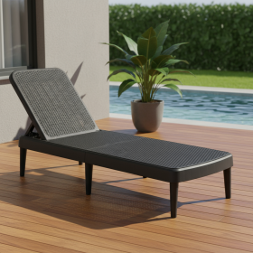 Heavy Duty Plastic Outdoor Stacking Chaise Lounge (Color: Black, size: 75")